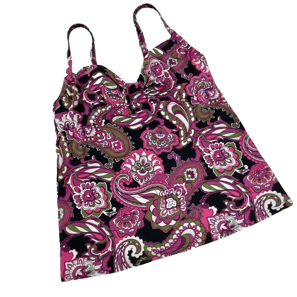 Land's End Tankini Swim Suit Top Ruched Underwire Bodice Paisley Sz 2 Top Only